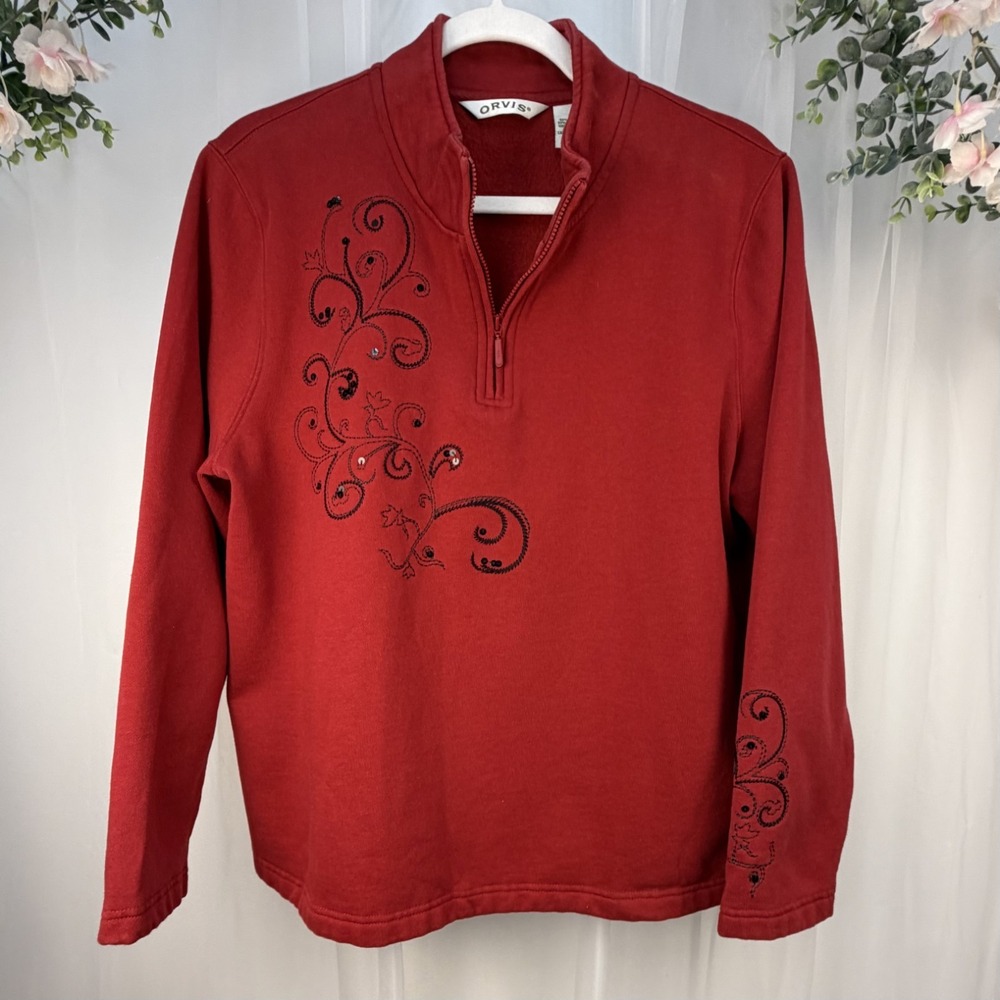 Orvis Women's 1/4 Zip Up Sweatshirt Red Embroidered Long Sleeve Size Large